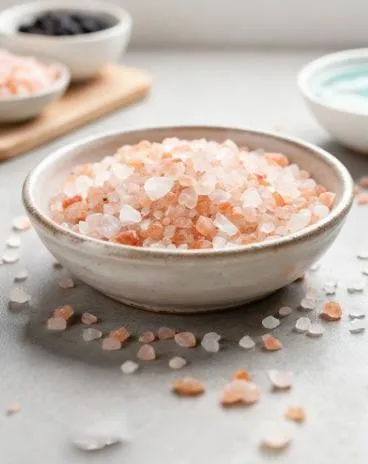 Fine round bead crystals in a wooden bowl