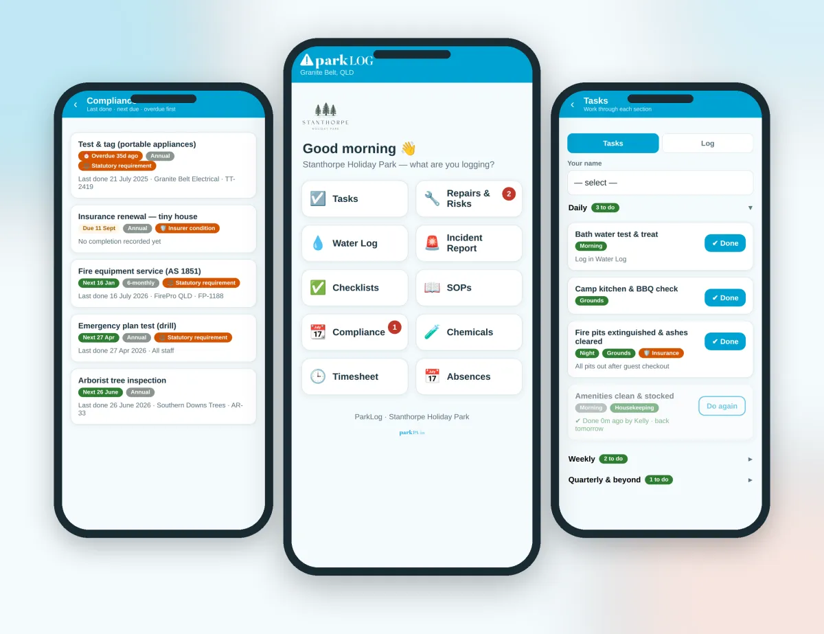 ParkLog app interface on 3 phones showing sync and compliance status