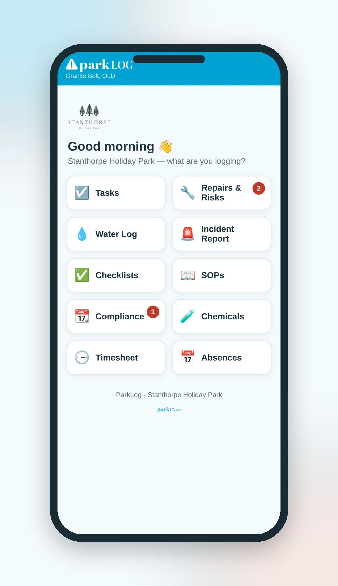 Mobile interface showing big buttons for logging tasks with UI simplicity