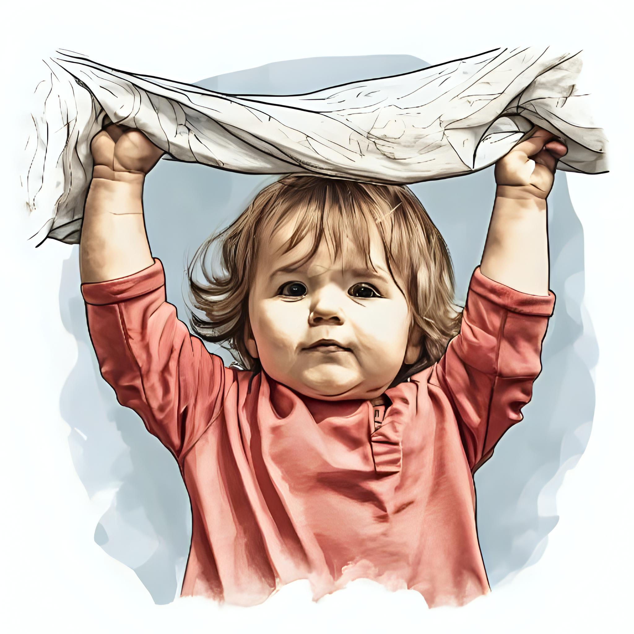 Sketch-style illustration of a toddler playing with a piece of fabric overhead