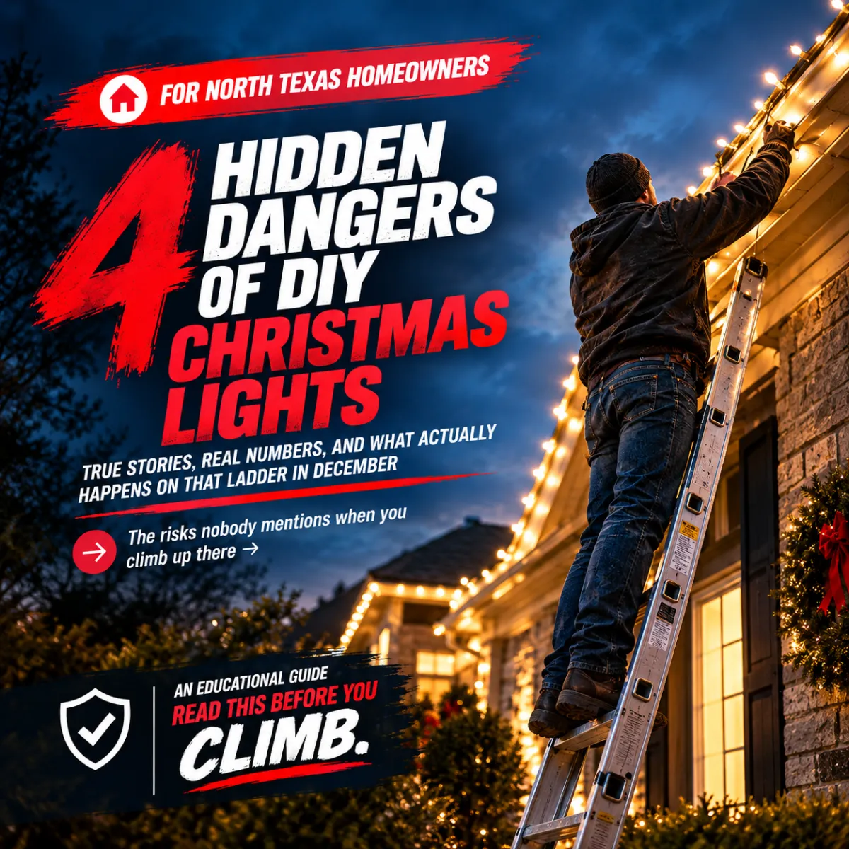 Cover of an educational guide titled '4 Hidden Dangers of DIY Christmas Lights' featuring a man climbing a ladder in the dark while holding a string of lights.