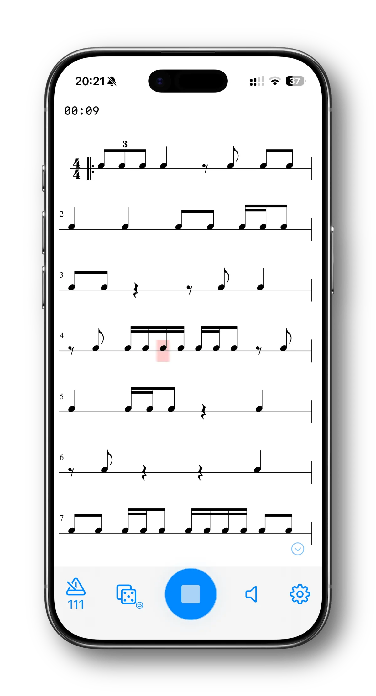 Portrait phone mockup centered on a light surface showing the Rhythm Generator UI.