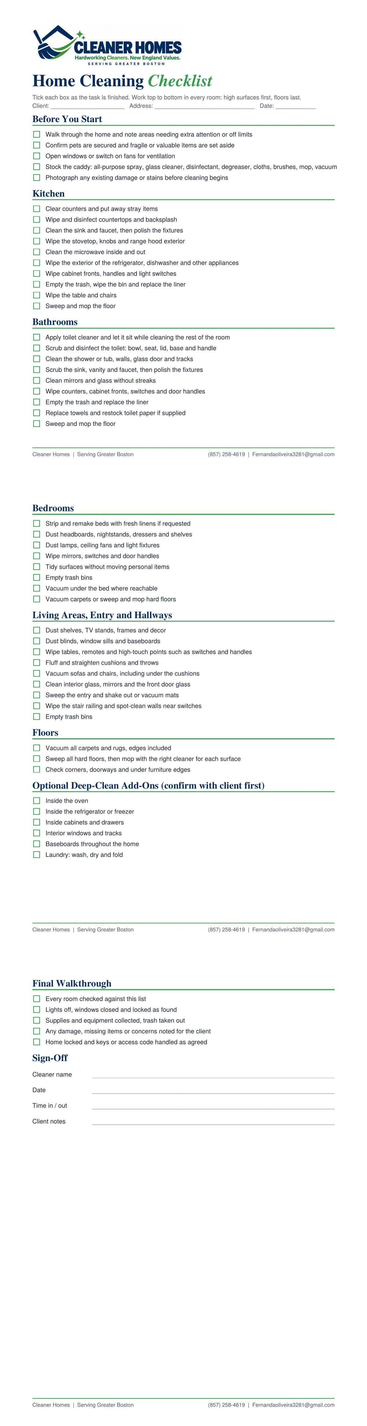Cleaner Homes Professional Cleaning Checklist Document Preview