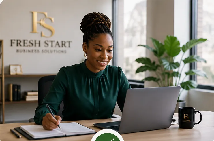 Woman in a dark green blouse writing in a notebook at a wooden desk with an open laptop; FS / FRESH START / BUSINESS SOLUTIONS sign in gold behind her