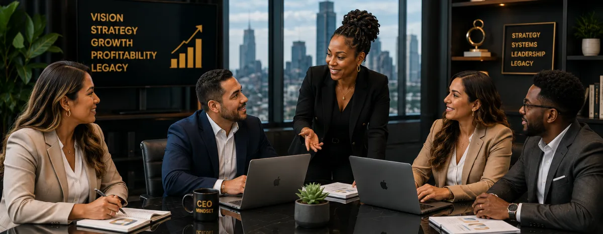 Five executives meeting around a conference table with a city skyline visible through the window