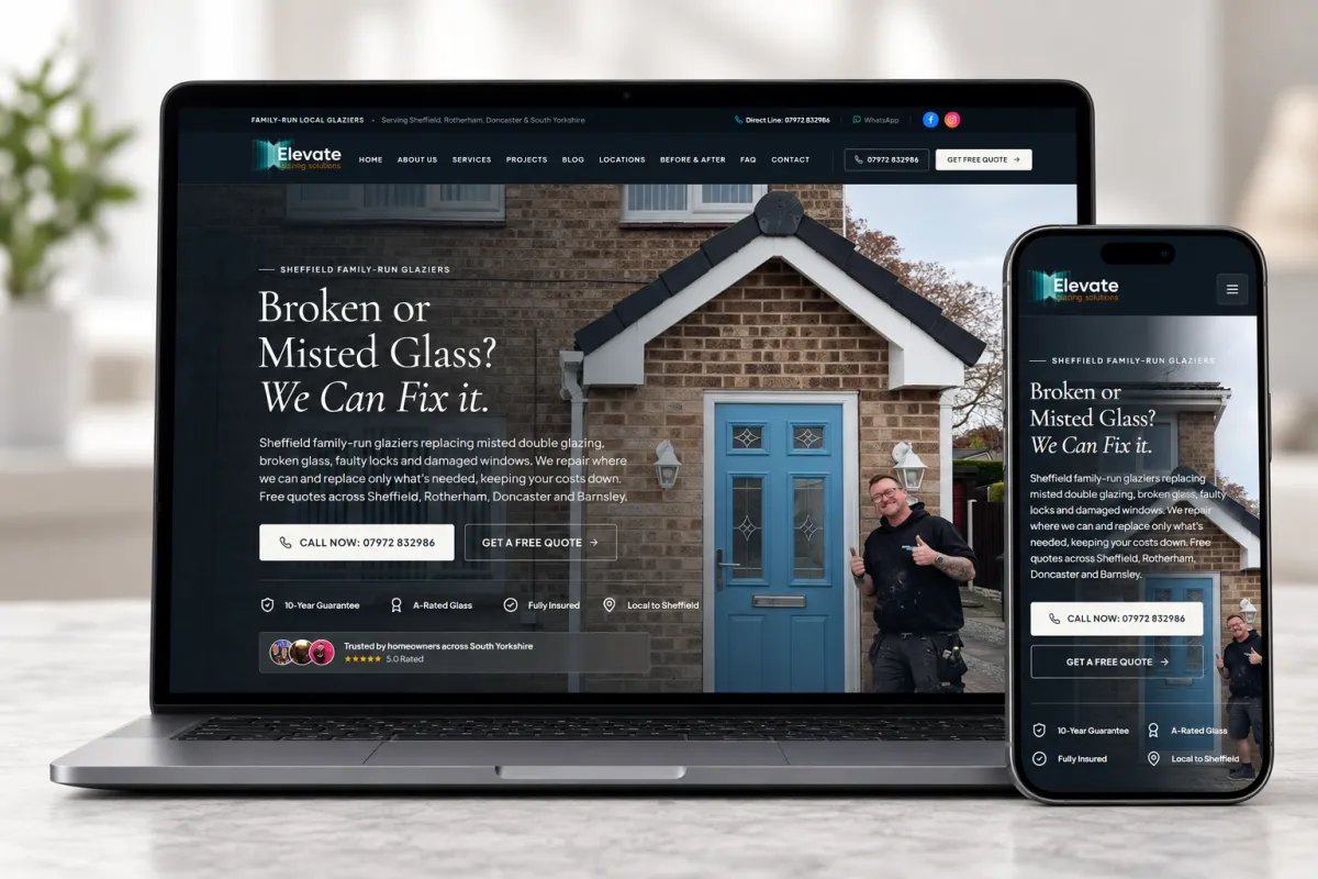 Elevate Glazing Solutions website mockup shown on laptop and phone