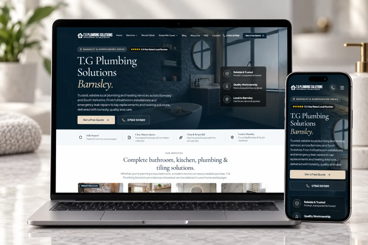 TG Plumbing Solutions website mockup shown on laptop and phone