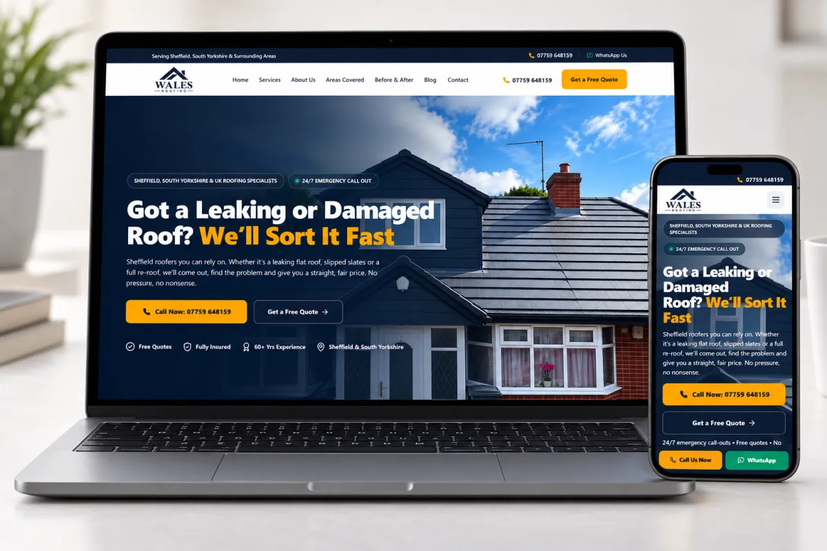 Wales Roofing website mockup shown on laptop and phone