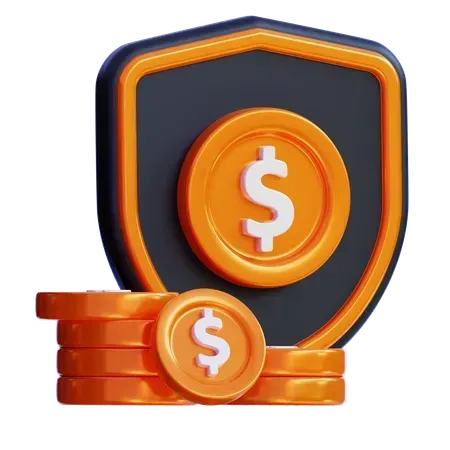 3D illustration of a brown money bag with a green shield bearing a checkmark