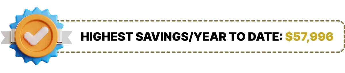 Highest Savings/Year To Date badge with checkmark and $57,996 text
