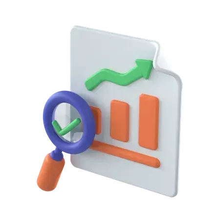 3D illustration of a magnifying glass over a bar chart