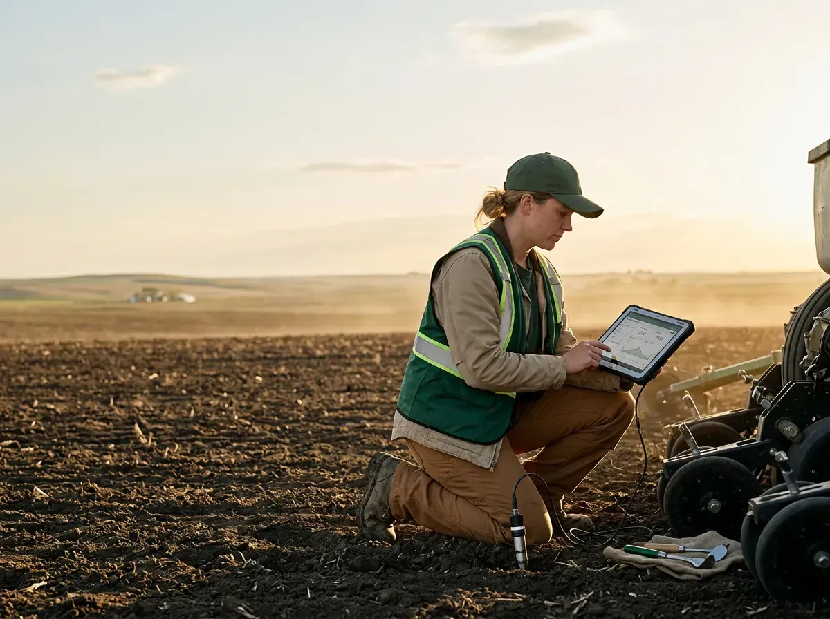 Agronomic field technician reviewing precision soil test data and moisture probe monitors beside planting equipment