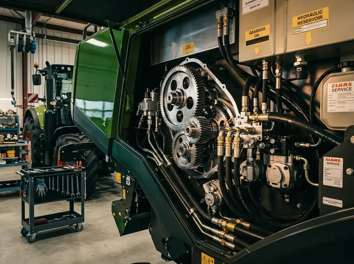 Modern high-capacity agricultural combines and tractors serviced in clean maintenance workshop