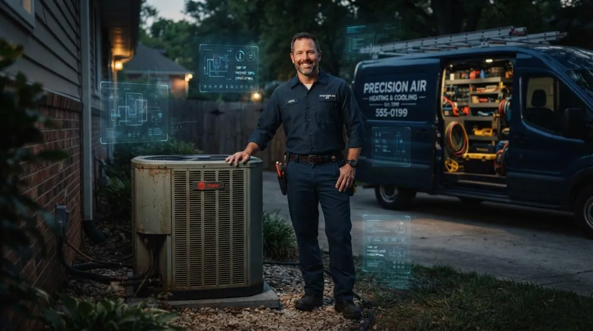 Professional HVAC technician beside an outdoor condenser unit and service van, with subtle AI and digital overlays