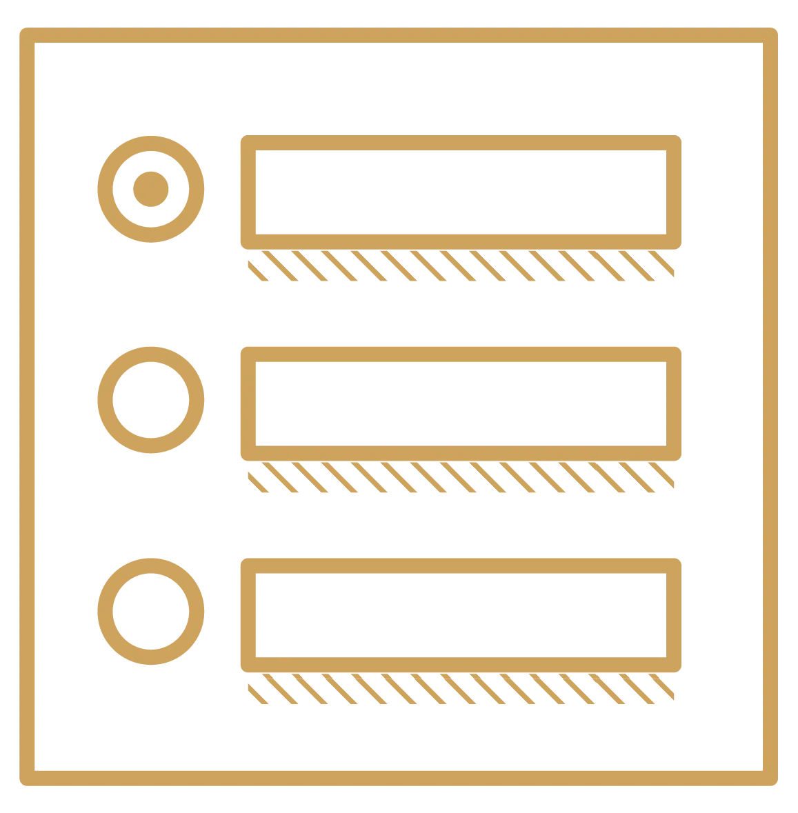 Simplified illustration of a server or network switch with three circular ports on the left and three rectangular slots on the right, all in beige on a black background.