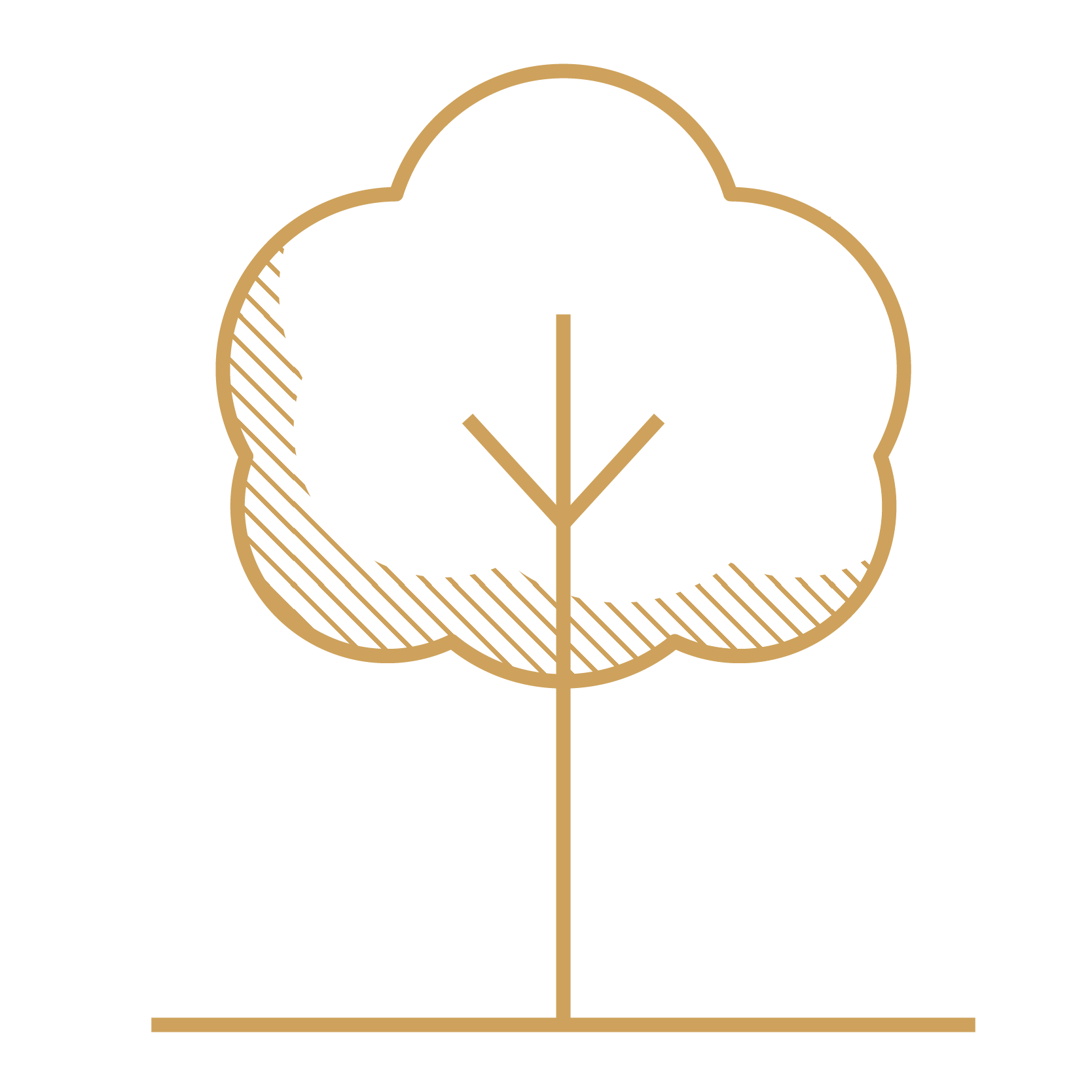 Minimalist illustration of a tree in gold outline with some shading, on black background.