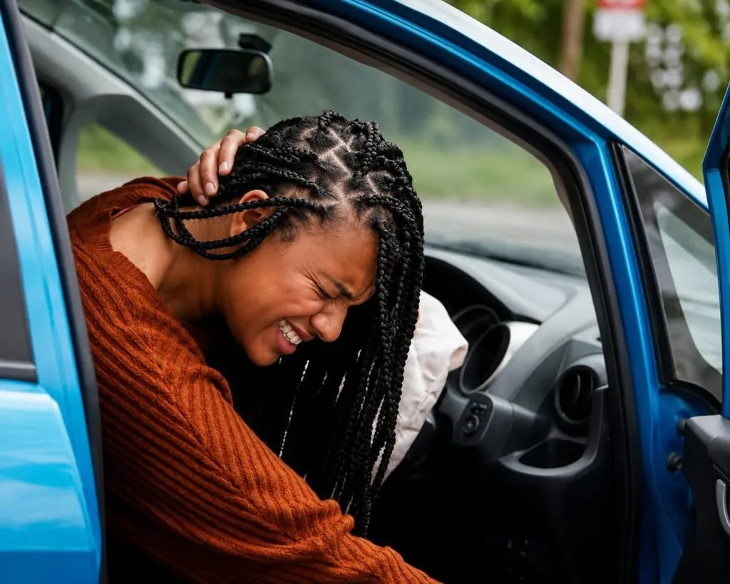 Woman holding head in pain after auto accident