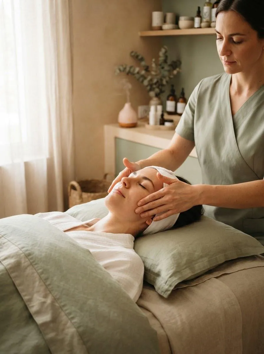Lindsey delivering a holistic facial treatment to a relaxed client