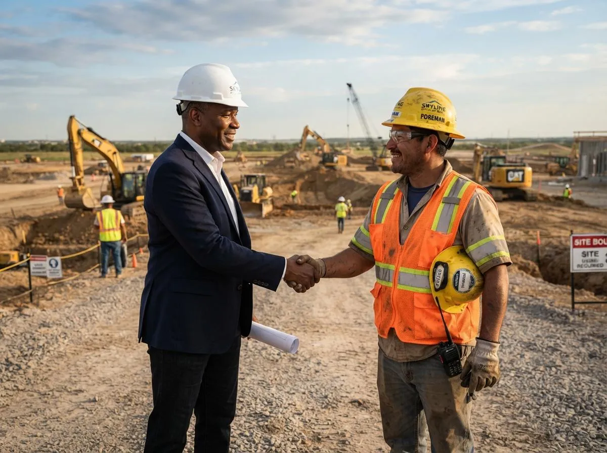 An African American executive in a hard hat shaking hands with a construction site foreman on a land development site