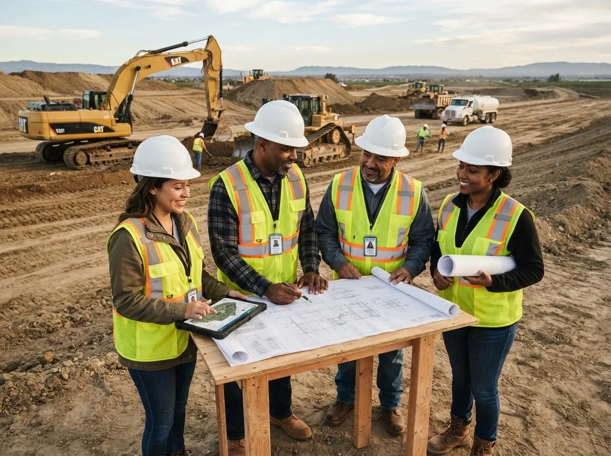 ULDG land development professionals reviewing an aerial site map on a tablet while walking a raw land parcel