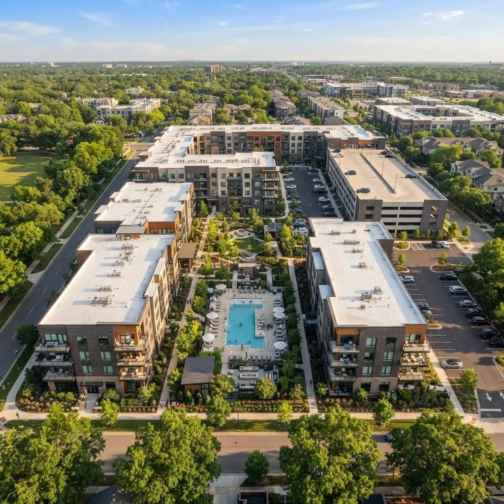 Modern multifamily apartment complex with landscaped courtyards
