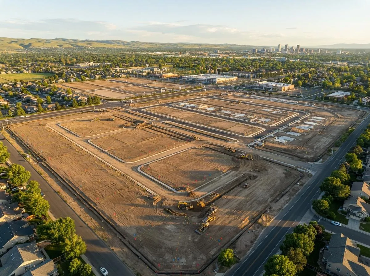Aerial drone view of a large raw land parcel and infill lots ready for development