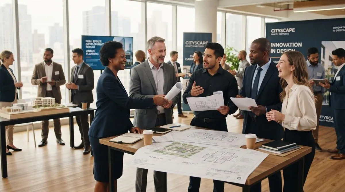 Diverse multi-racial group of real estate professionals networking and shaking hands at a business meeting