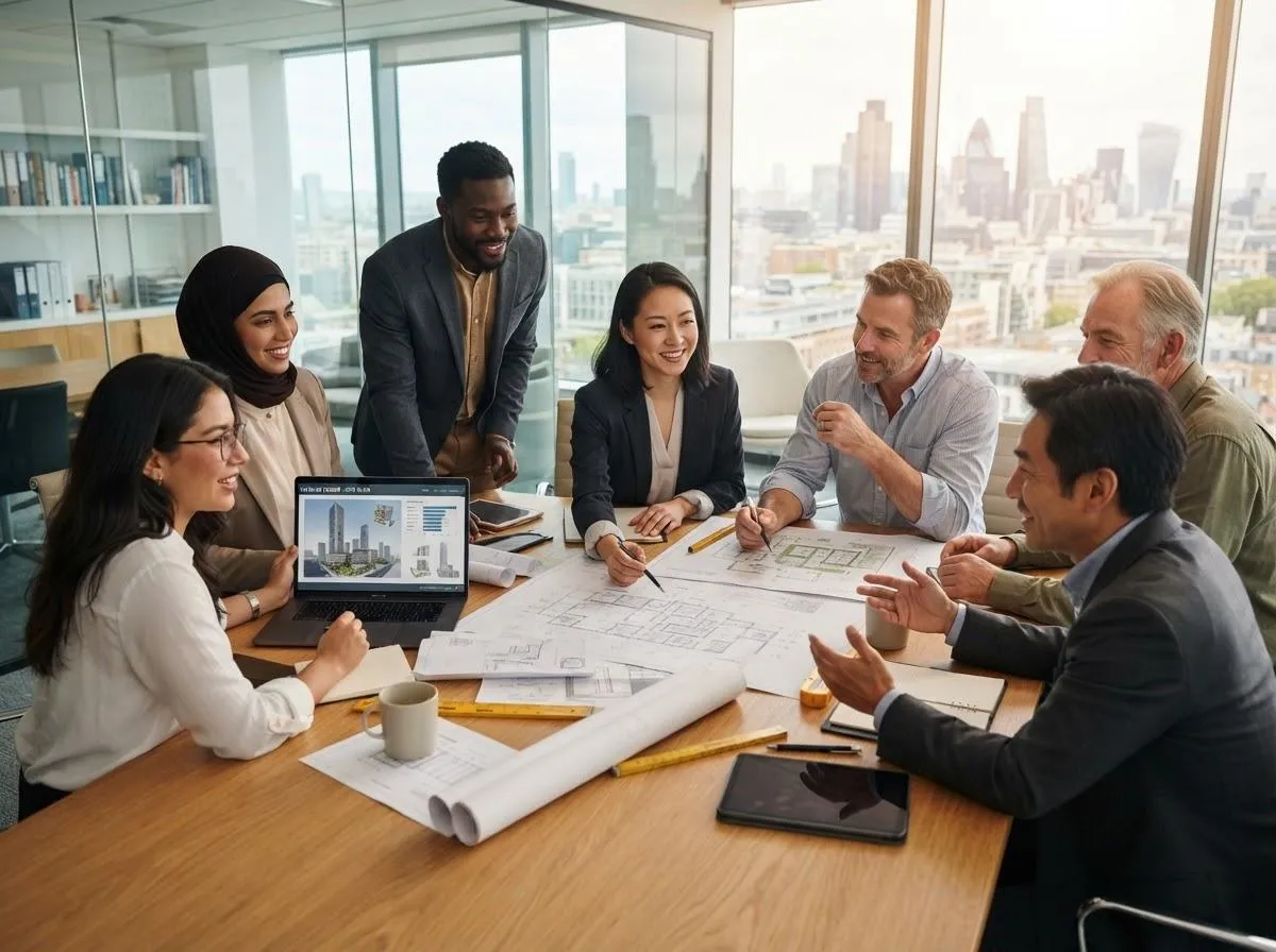 Diverse multi-racial team of real estate development professionals collaborating around a conference table with blueprints and site plans
