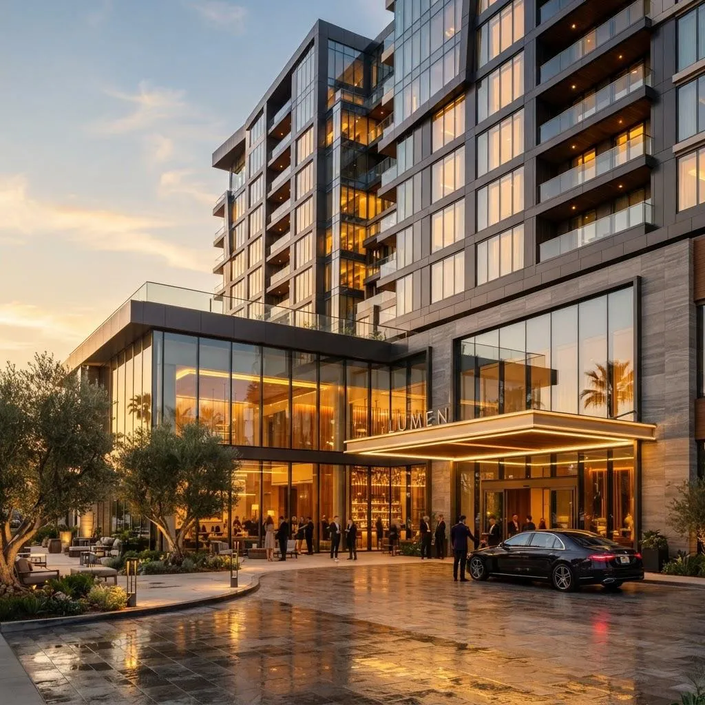 Upscale hotel building with glass facade at golden hour