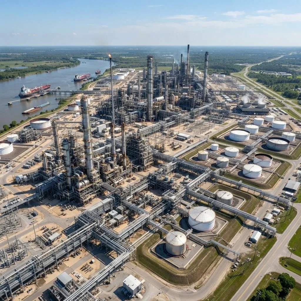 Industrial oil refinery with storage tanks and pipelines