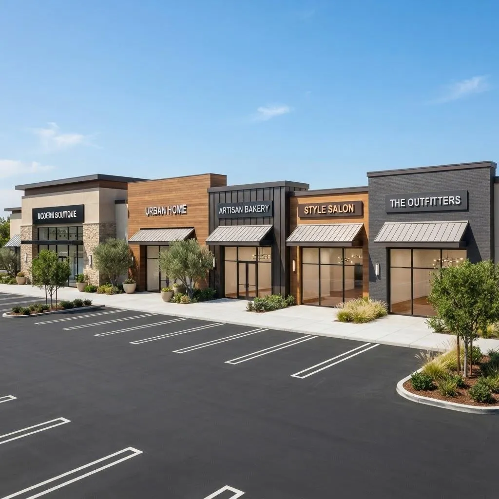 Strip mall retail shopping center with storefronts and parking