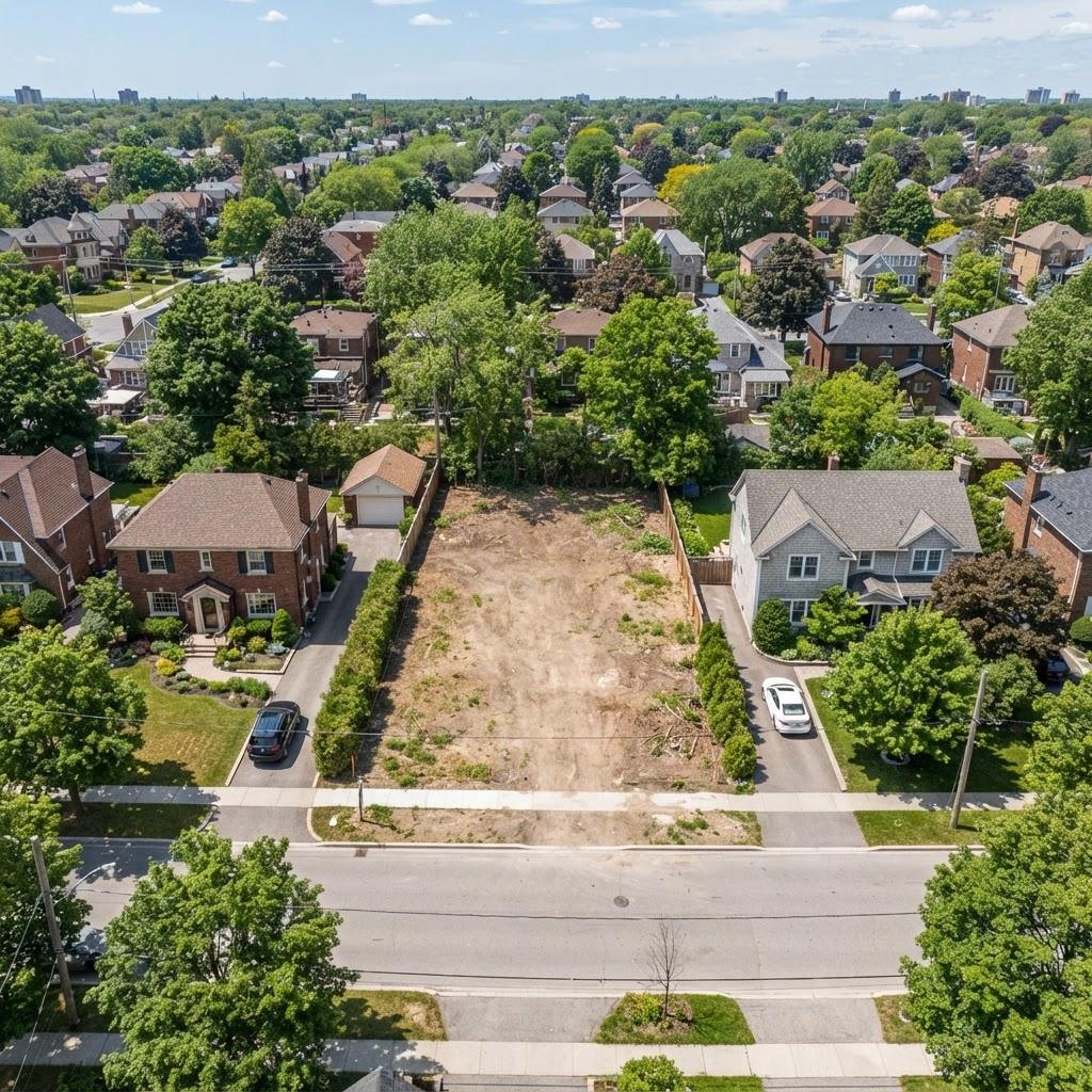 Vacant city infill lot and raw land parcel between existing homes ready for development