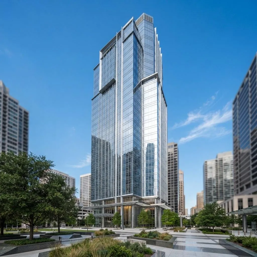 Modern downtown office building with glass and steel facade