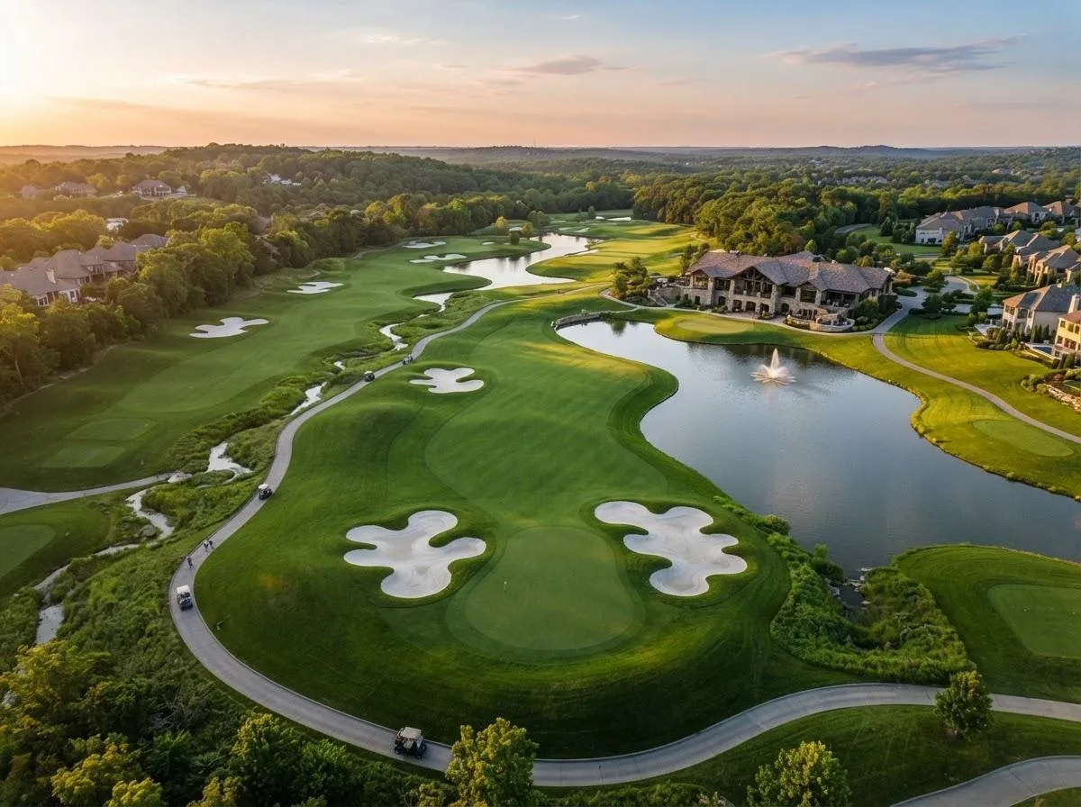 Aerial view of a championship golf course with fairways and water features