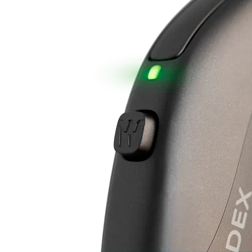 3D render of the Widex Allure AI RIC hearing aid, dark grey metallic body with clear wire and ear tip.