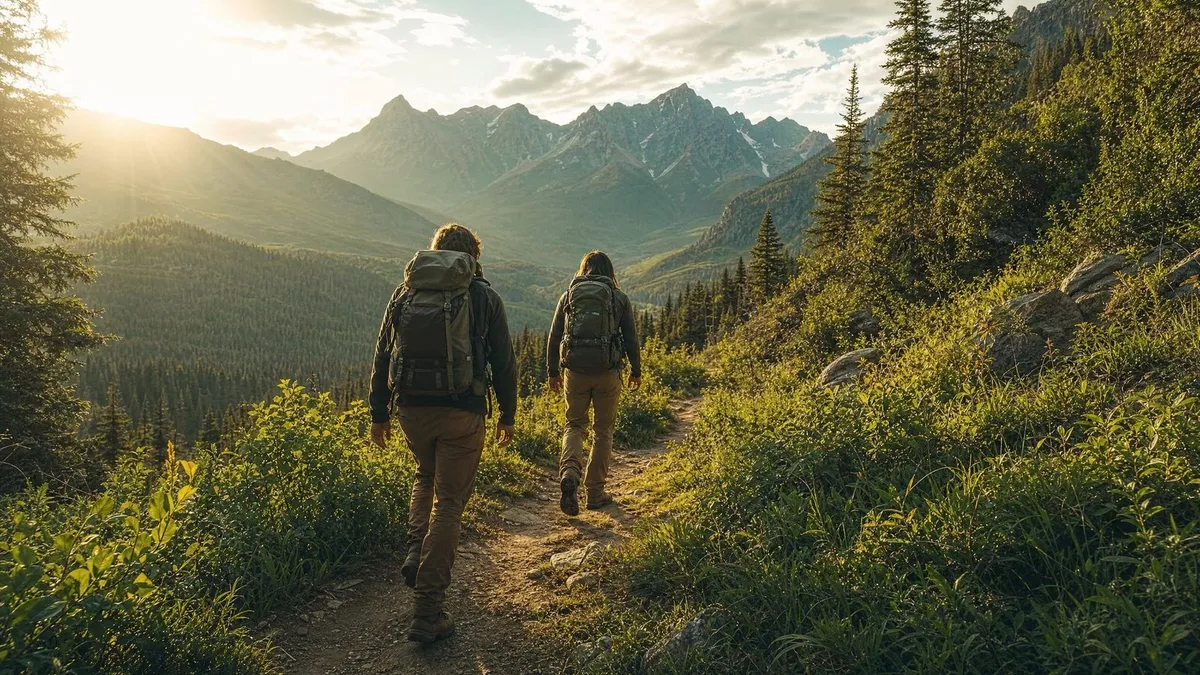 Two hikers walking along a mountain trail