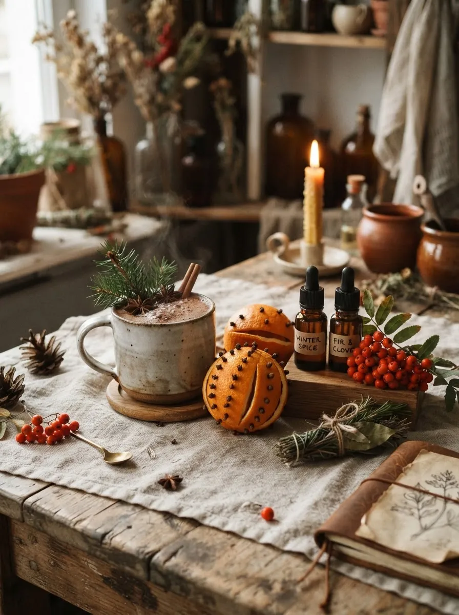 A warm mug of cacao with pine sprigs, a clove-studded orange and amber oil bottles