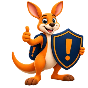 Kanga, la mascota de KANGA! Seguros - Un canguro amigable con escudo dando pulgar arriba