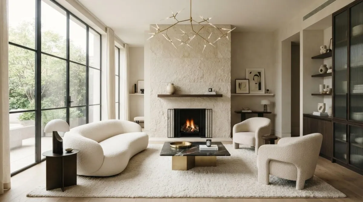 Luxury interior living space with warm ivory tones and natural materials