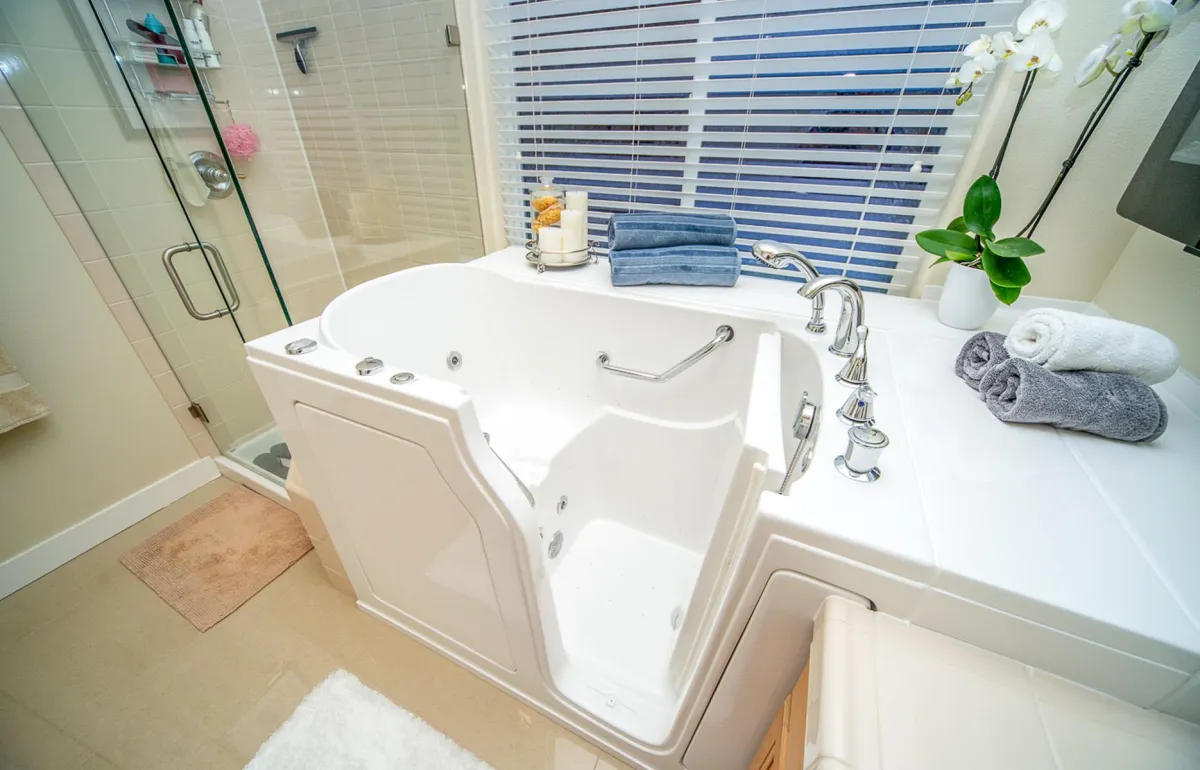 Independent Home luxury walk-in tub bathroom setting with plant