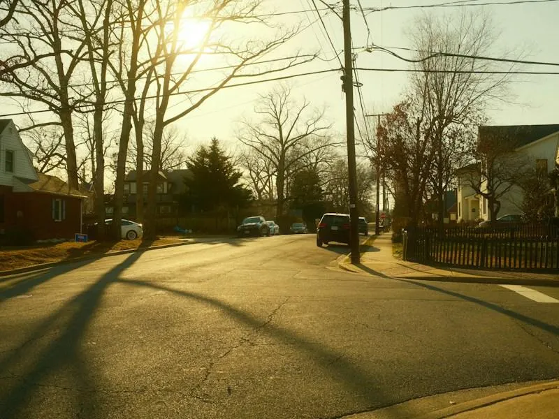 Sunlight bathes a quiet Arlington, VA suburban street
