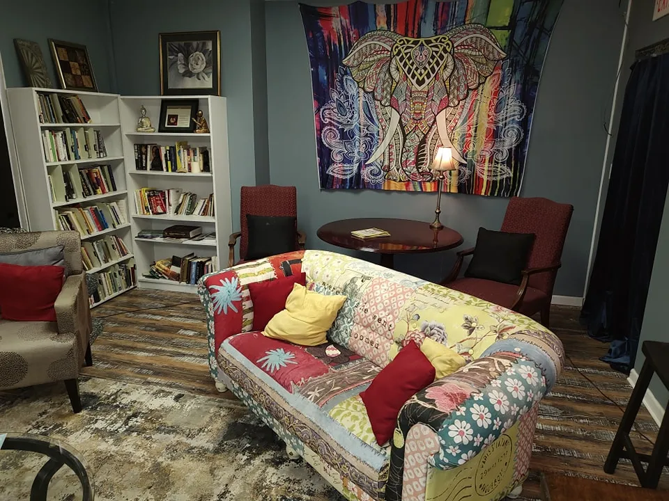Reading lounge with sofa and bookshelf