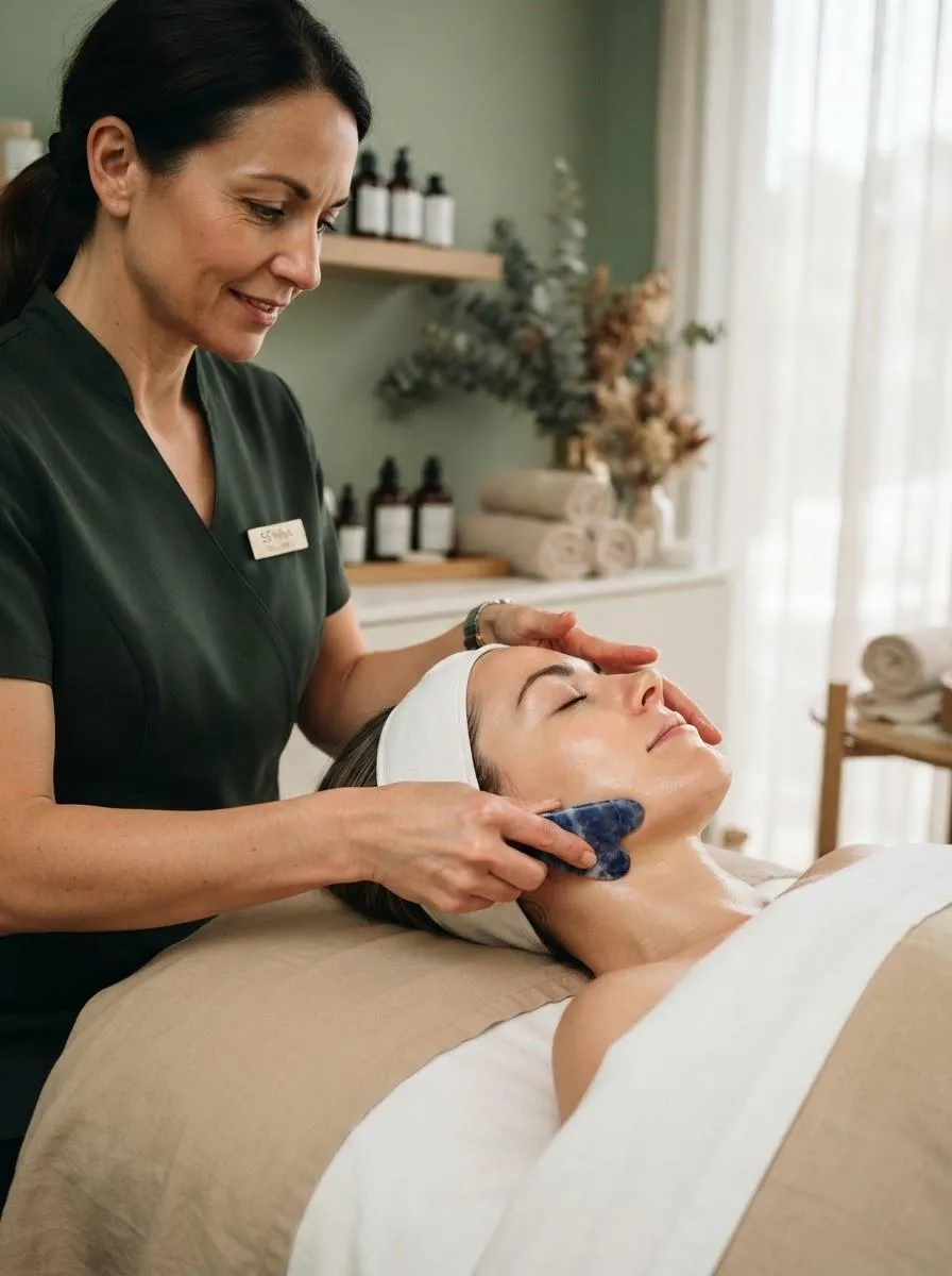 Lindsey demonstrating the Gua Sha facial technique with a crystal tool on a client