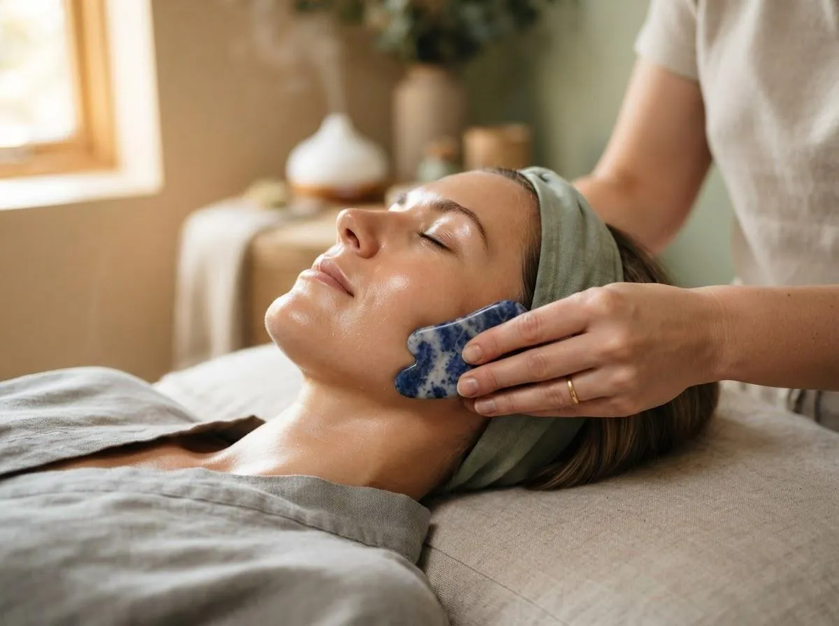 Lindsey demonstrating the Gua Sha technique with the crystal tool on a client
