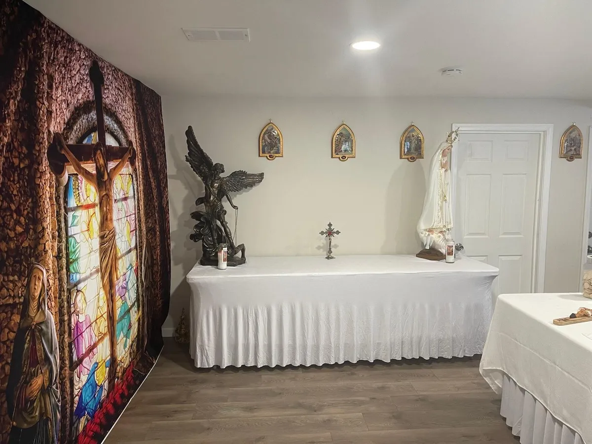 Statue of the Virgin Mary in a peaceful prayer space