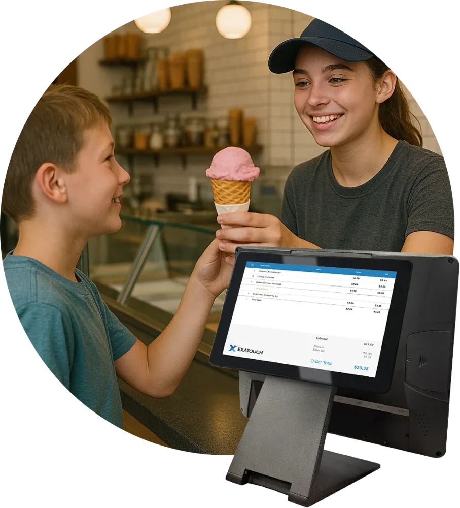 Customer and cashier using Exatouch retail point-of-sale terminal