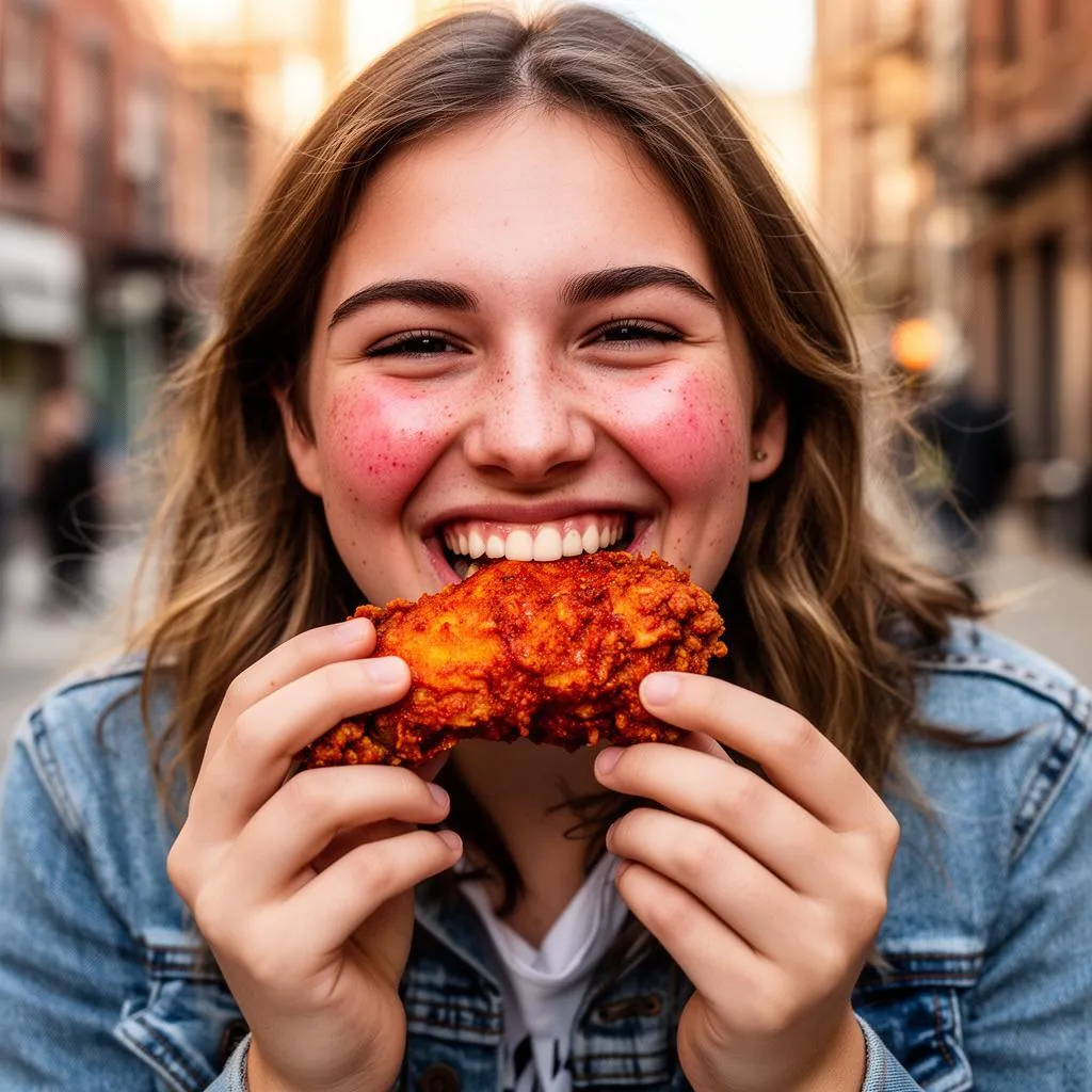 Woman enjoying Bolton's hot chicken