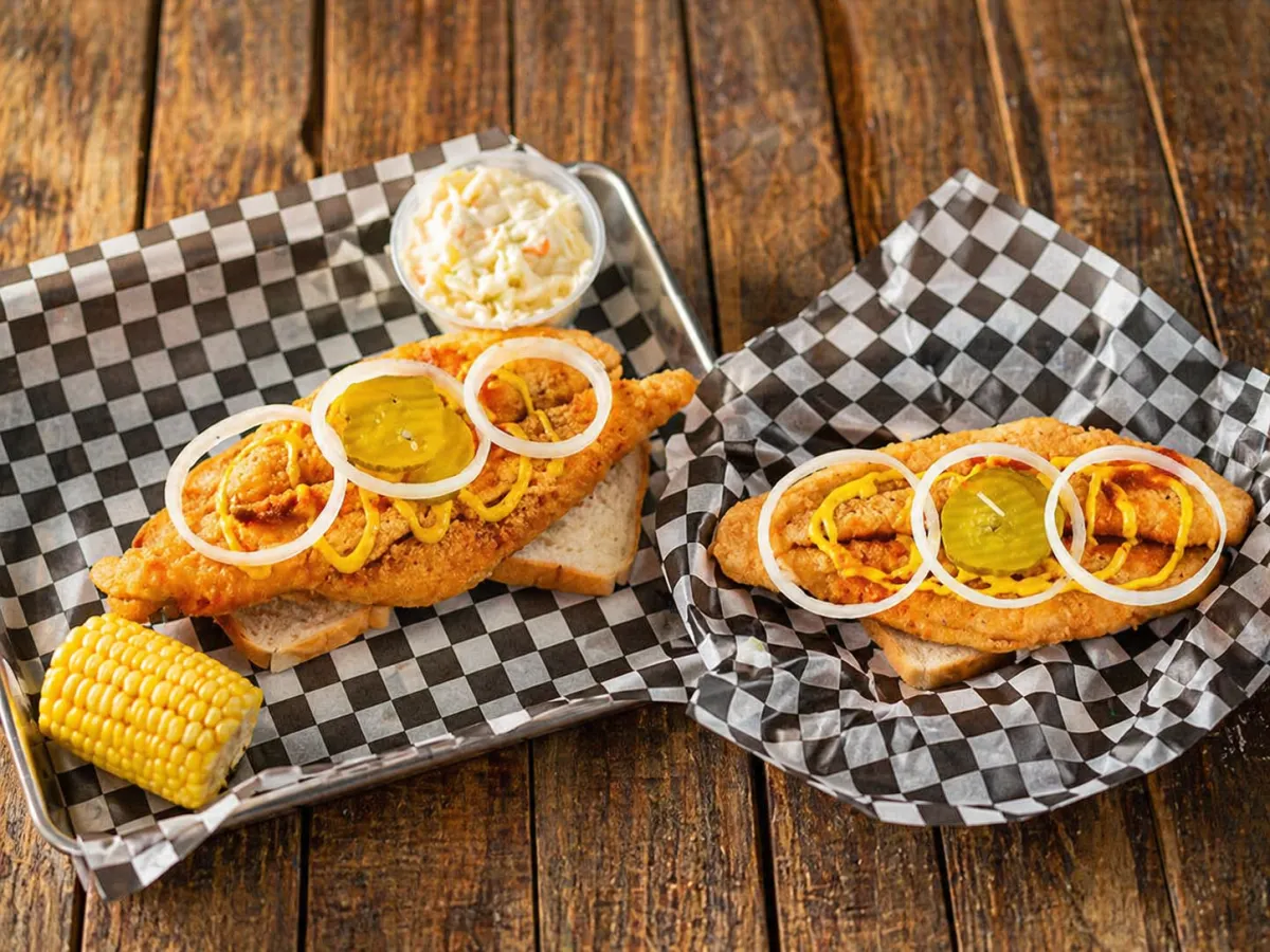 Crispy fried whiting fillets with lemon and pickles