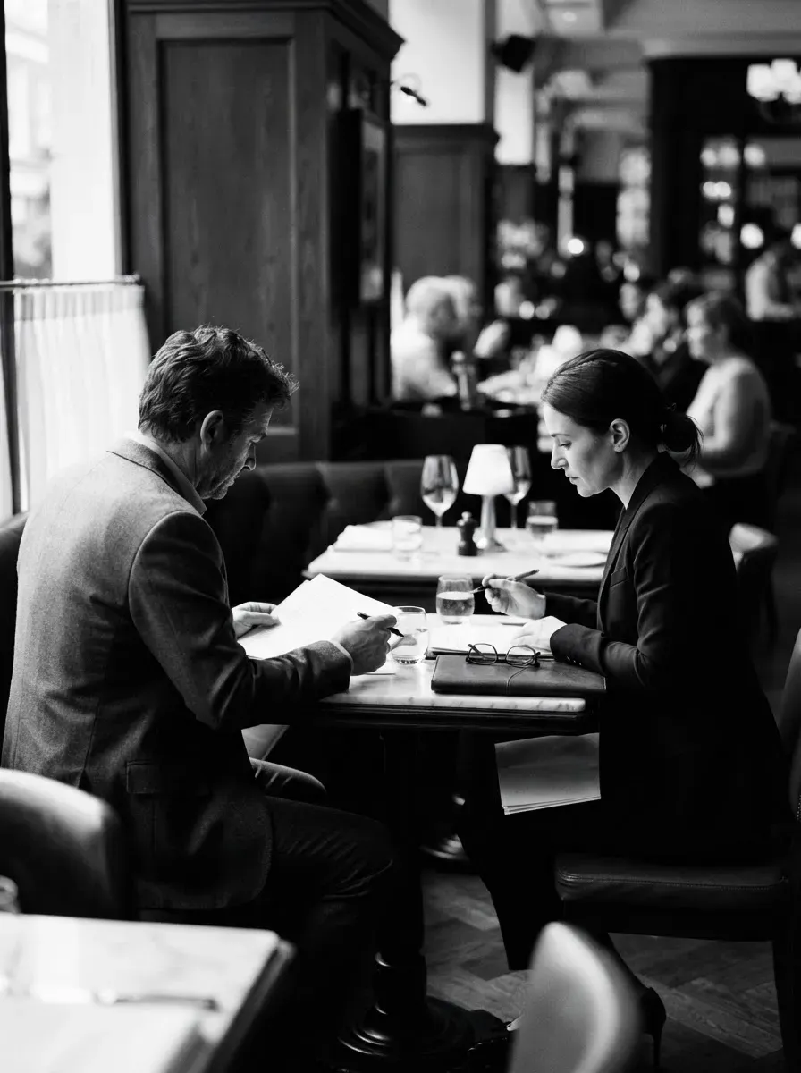 Two people discussing business at a restaurant booth