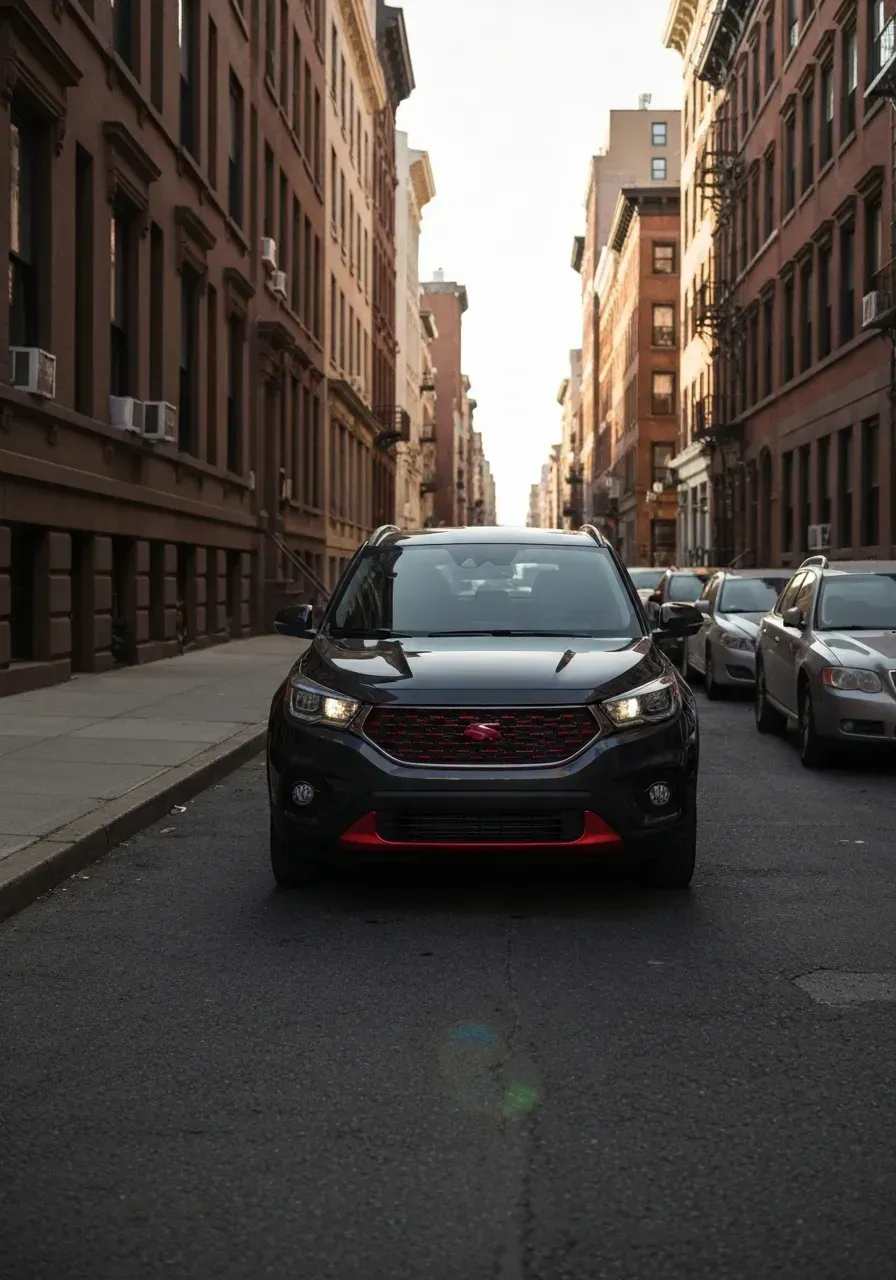 A sophisticated compact vehicle maneuvering confidently in a high-density New York environment